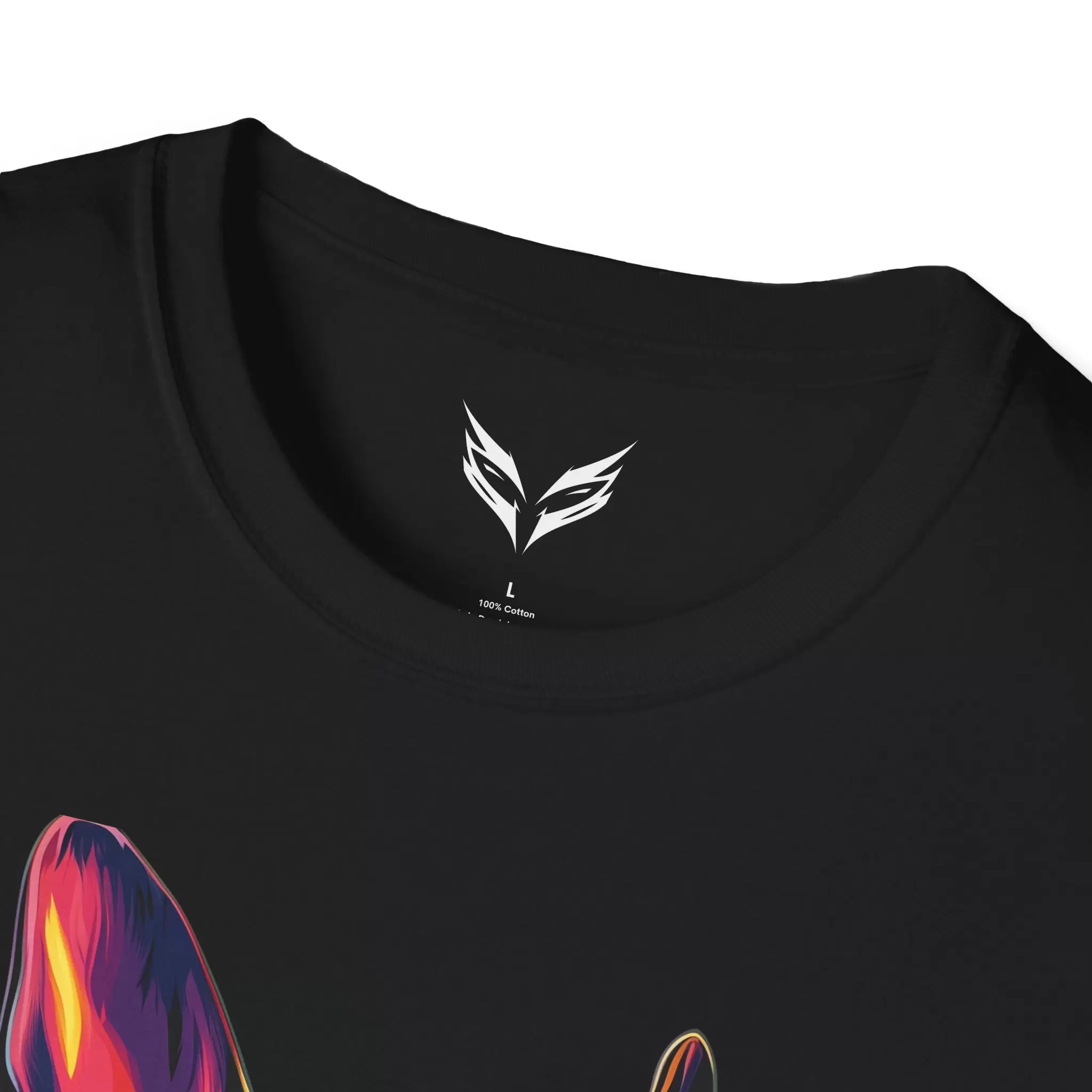 a black shirt with a colorful design on it