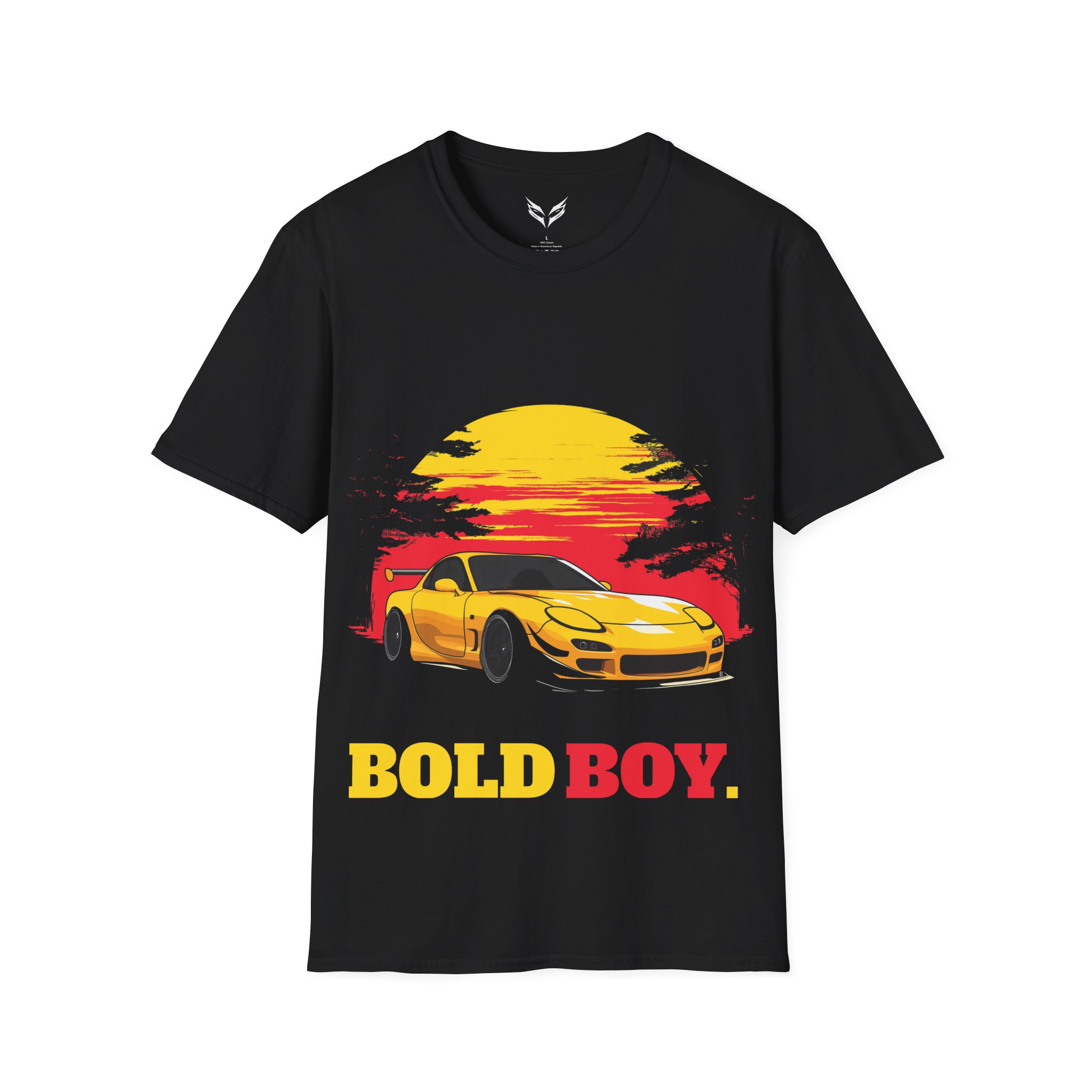 a black shirt with a yellow car on it