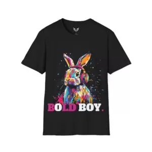 a black t-shirt with a rabbit wearing headphones