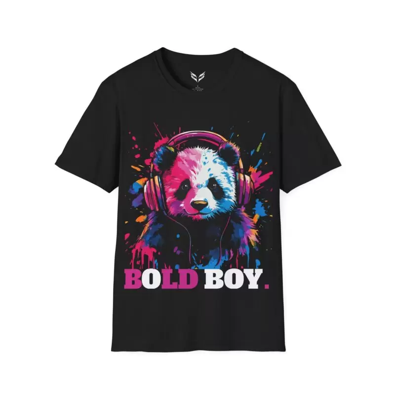 a black shirt with a panda headphones on it