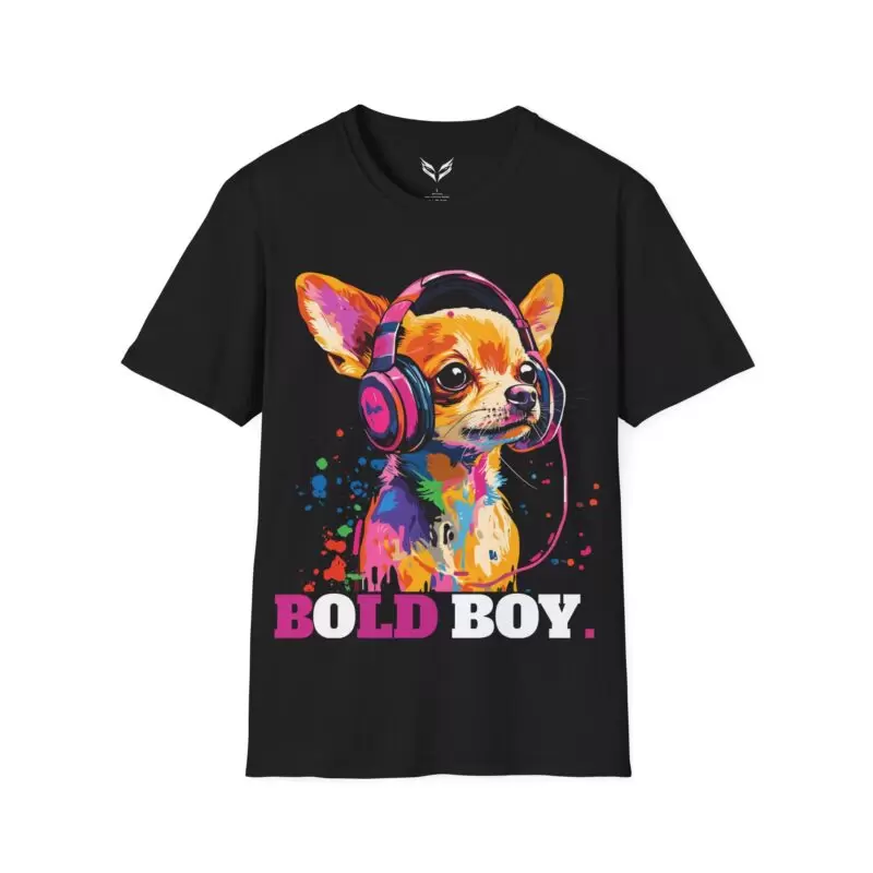 a t-shirt with a dog wearing headphones