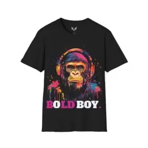 a black shirt with a gorilla headphones on it