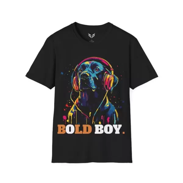 a black t-shirt with a dog wearing headphones