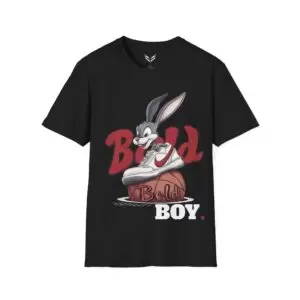 a black t-shirt with a cartoon rabbit on it