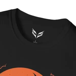 a black shirt with orange moon and white design