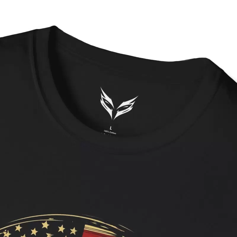 a black shirt with a flag and a white logo on it