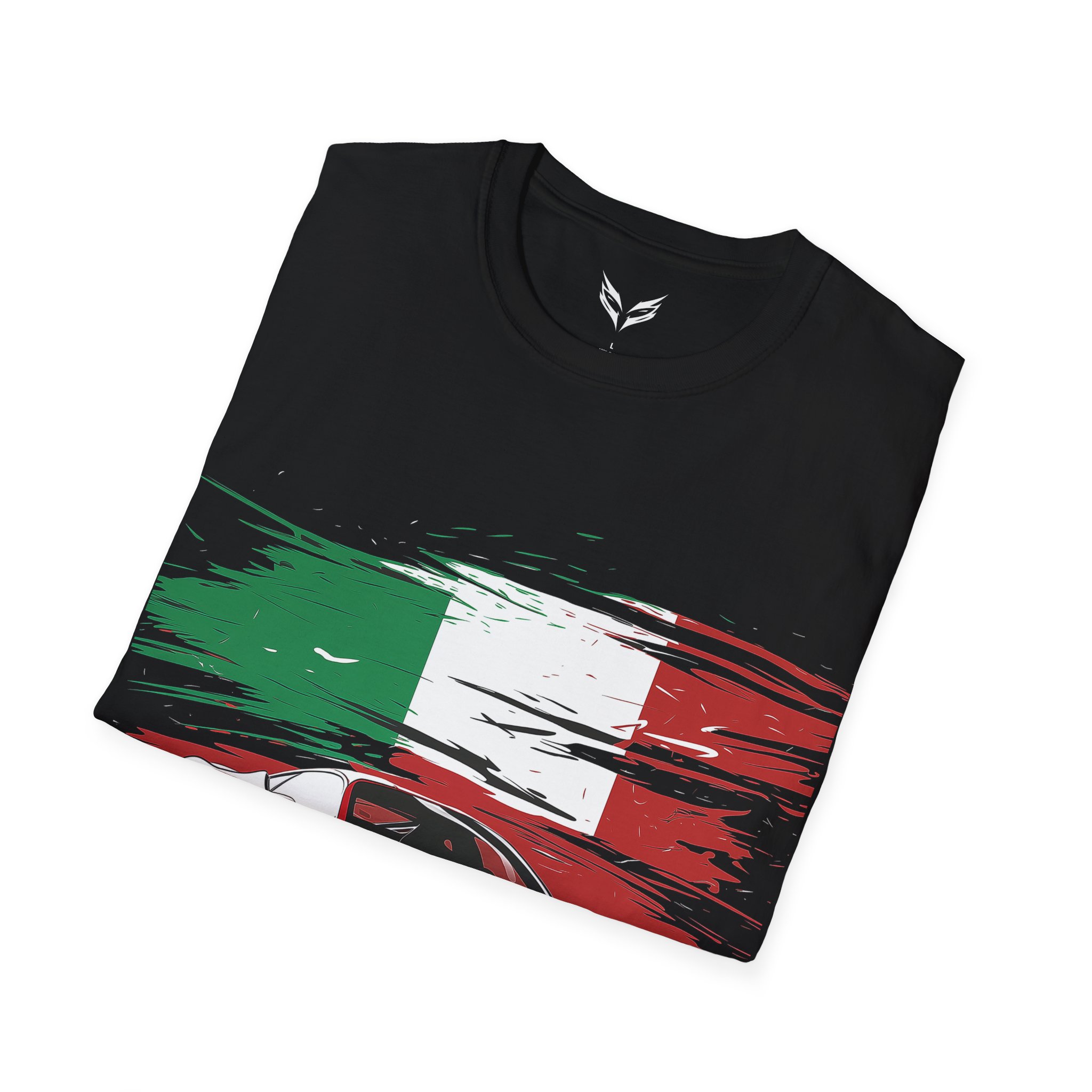 a black shirt with a red white and green design