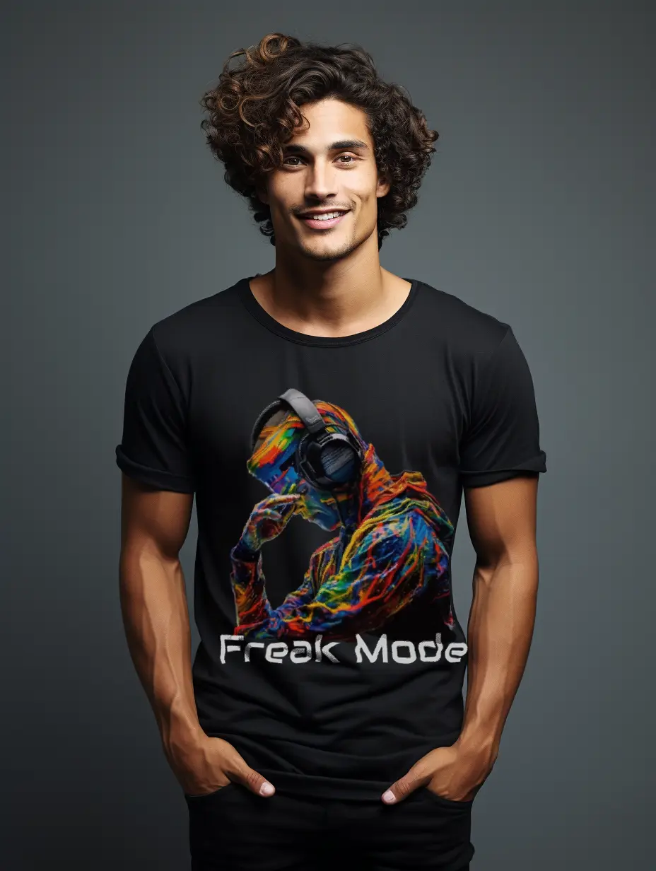 a man with curly hair wearing a black shirt with a colorful image on it